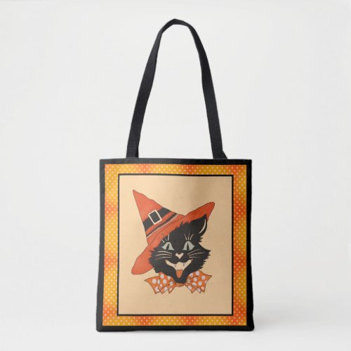 Vintage Halloween Black Cat _ Orange Witch Hat  Tote Bag