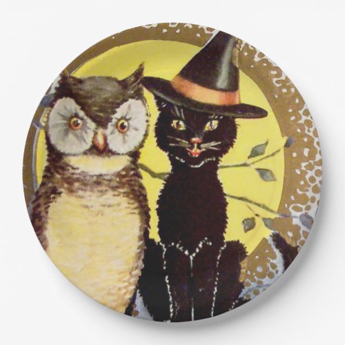 vintage Halloween black cat owl party Paper Plates