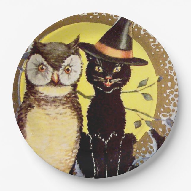 vintage Halloween black cat owl party Paper Plates (Front)