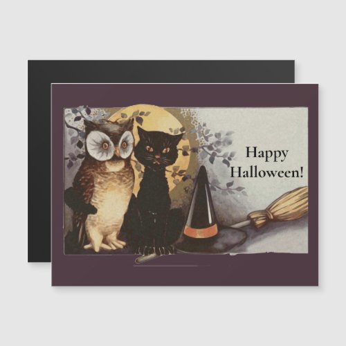 Vintage Halloween Black Cat  Owl Witch Hat Moon