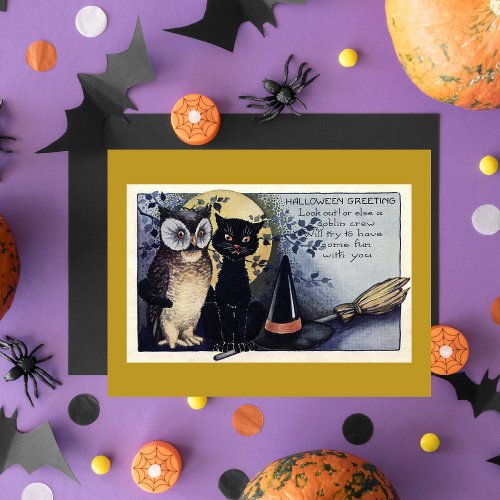 Vintage Halloween Black Cat  Owl Witch Hat Moon Card
