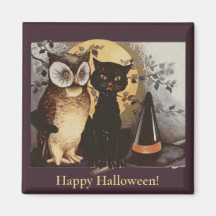 Vintage Halloween Black Cat & Owl Witch Hat Moon Magnet