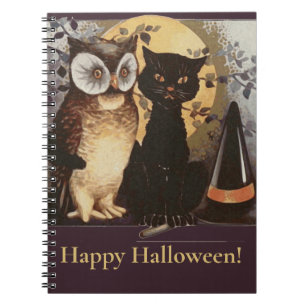 Vintage Halloween Black Cat & Owl Witch Hat Moon Notebook