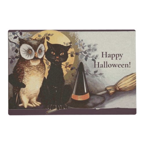 Vintage Halloween Black Cat  Owl Witch Hat Moon Placemat
