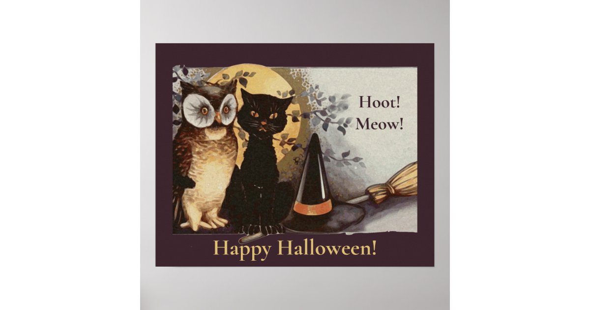 Vintage Halloween Black Cat & Owl Witch Hat Moon Poster | Zazzle