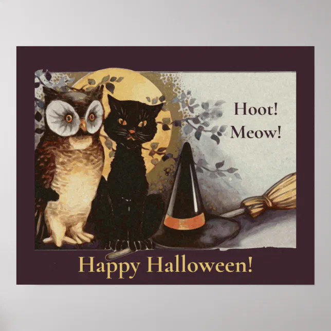 Vintage Halloween Black Cat & Owl Witch Hat Moon Poster | Zazzle