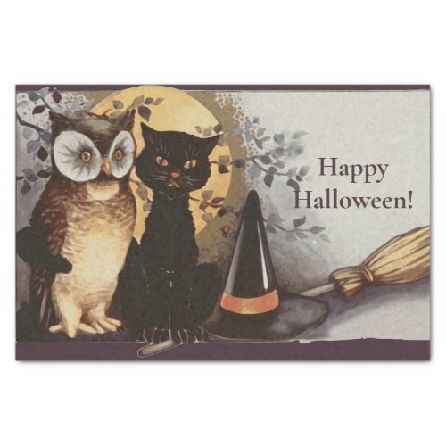 Vintage Halloween Black Cat  Owl Witch Hat Moon Tissue Paper