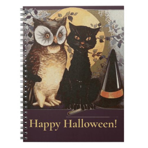 Vintage Halloween Black Cat  Owl Witch Hat Notebook