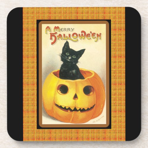Vintage Halloween Black Cat Plastic Coasters 6