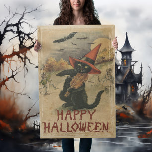 Vintage Halloween Black Cat Playing Fiddle Poster