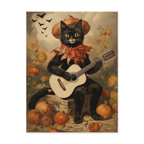 Vintage Halloween Black Cat Playing Guitar Holiday Postcard