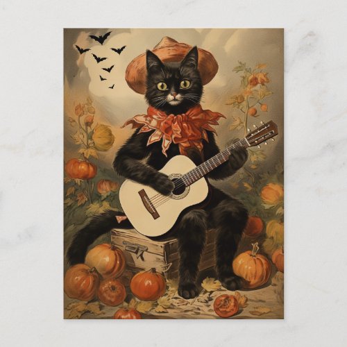 Vintage Halloween Black Cat Playing Guitar Holiday Postcard