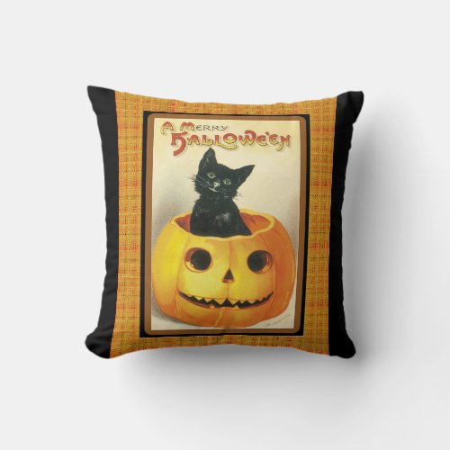 Vintage Halloween Black Cat Pumpkin Throw Pillow