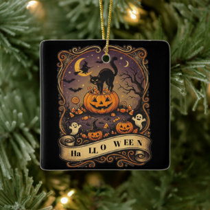 Vintage Halloween Black Cat Pumpkin Witch Spooky T Ceramic Ornament