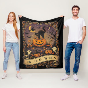 Vintage Halloween Black Cat Pumpkin Witch Spooky T Fleece Blanket