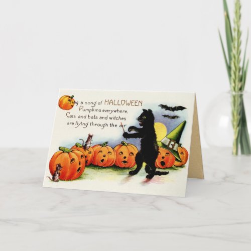 Vintage Halloween Black Cat Pumpkins Card