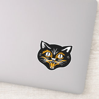 Vintage Halloween Black Cat Smiling Face Orange Sticker