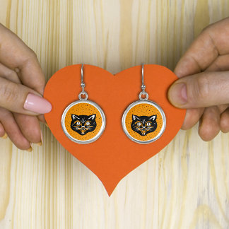 Vintage Halloween Black Cat Smiling Face Stars Earrings