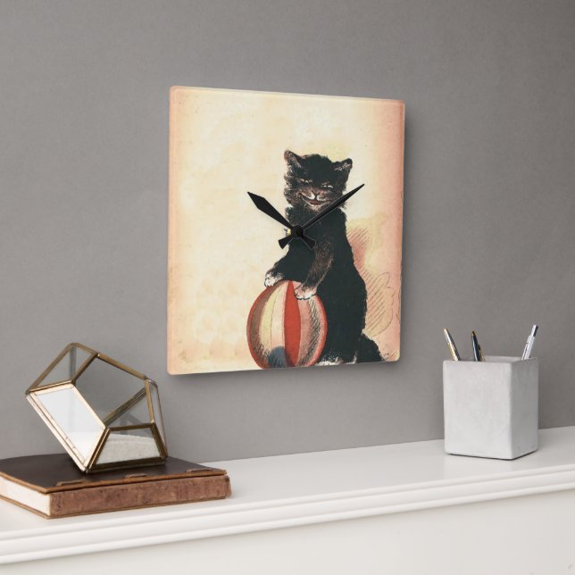 Vintage HALLOWEEN Black Cat Square Wall Clock (Office)