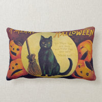 Vintage Halloween Black Cat Throw Pillow