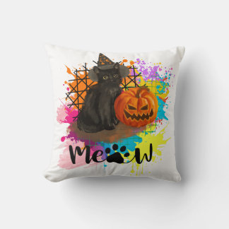 Vintage Halloween Black Cat Throw Pillow