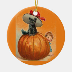Vintage Halloween Black Cat Witch Hat Baby Ceramic Ornament
