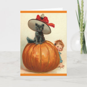 Vintage Halloween Black Cat Witch Hat Pumpkin Baby Card