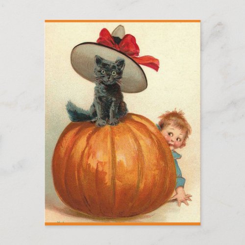 Vintage Halloween Black Cat Witch Hat Pumpkin Baby Postcard