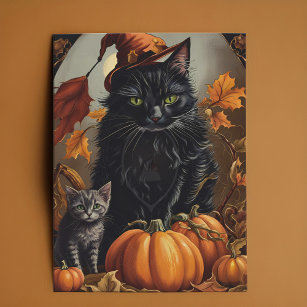 Vintage Halloween Black Cat Witch Kitten Pumpkins Holiday Card