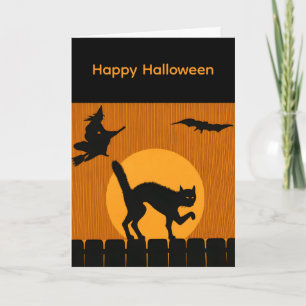 Vintage Halloween Black Cat, Witch Moon Silhouette Card