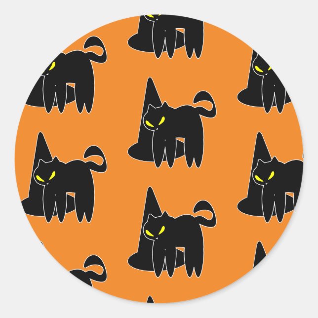 Vintage Halloween Black Cat Witch Orange  Classic Round Sticker (Front)