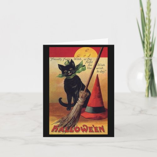 Vintage Halloween Black Cat Witchs Broom and Hat Card