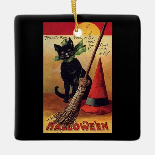 Vintage Halloween Black Cat Witchs Broom and Hat Ceramic Ornament