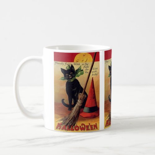 Vintage Halloween Black Cat Witchs Broom and Hat Coffee Mug