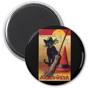 Vintage Halloween Black Cat, Witch's Broom and Hat Magnet