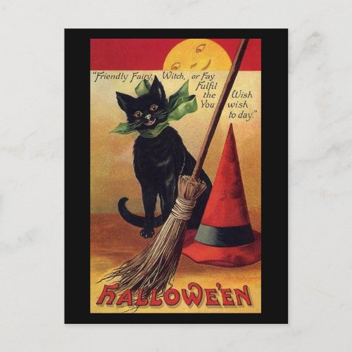 Vintage Halloween Black Cat Witchs Broom and Hat Postcard