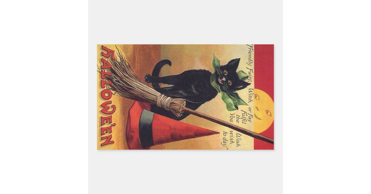 Vintage Halloween Black Cat Witch S Broom And Hat Rectangular