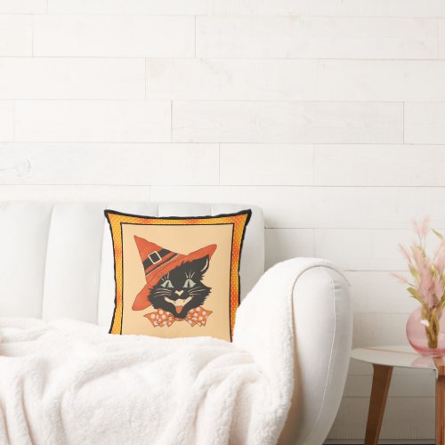 Vintage Halloween Black Cat With Orange Witch Hat  Throw Pillow