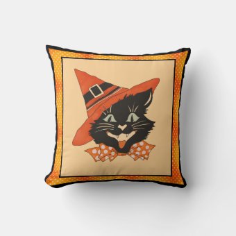 Vintage Halloween Black Cat With Orange Witch Hat Throw Pillow | Zazzle