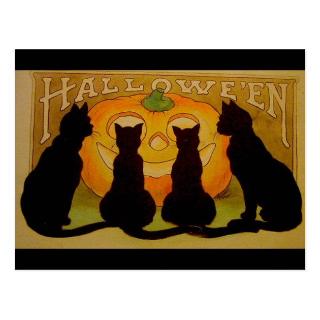 Vintage Halloween Black Cats And Jack O'Lantern Postcard