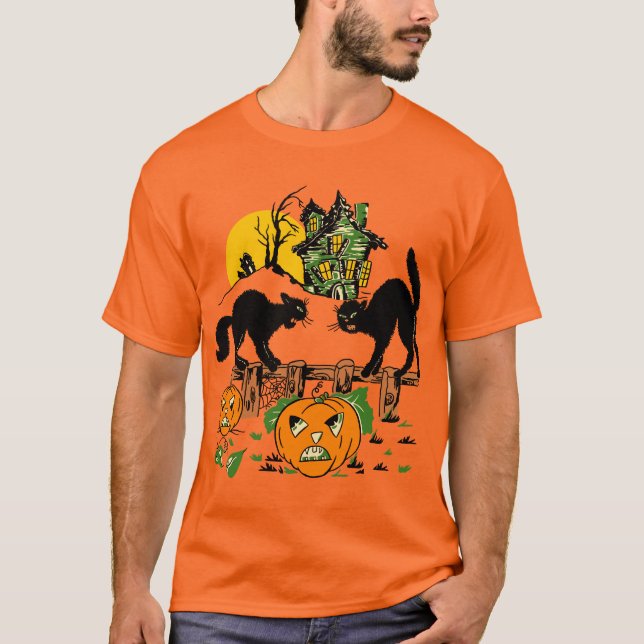 Vintage Halloween Black Cats and Pumpkins T-Shirt (Front)