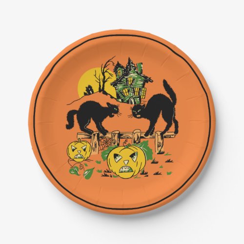 Vintage Halloween Black Cats  Haunted House Paper Plates