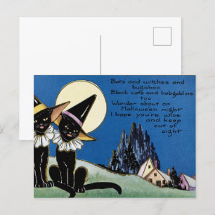vintage Halloween black cats  Holiday Postcard