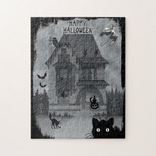 Vintage Halloween Black Cats Witch and Bats Jigsaw Puzzle