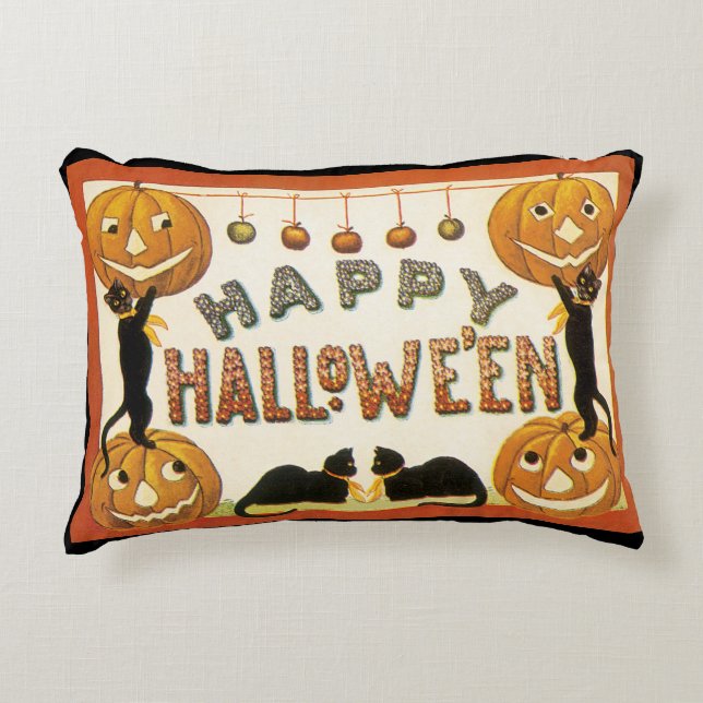 Vintage Halloween, Black Cats with Jackolanterns Accent Pillow (Front)