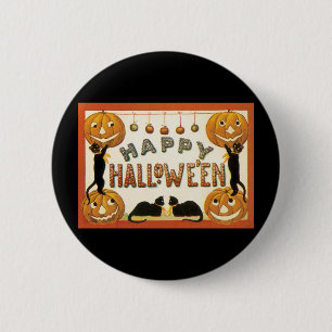 Vintage Halloween, Black Cats with Jackolanterns Button