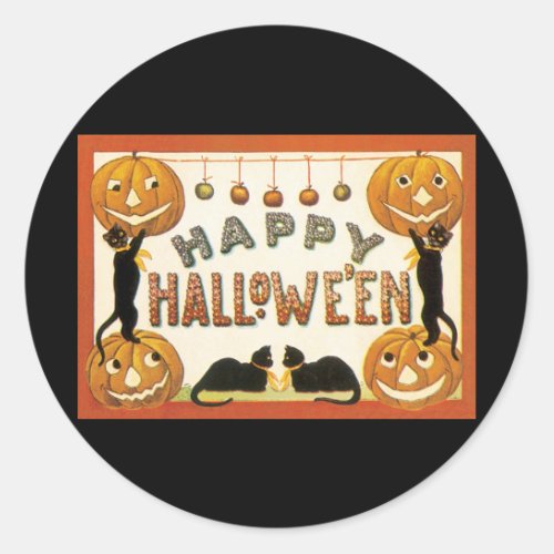 Vintage Halloween Black Cats with Jackolanterns Classic Round Sticker