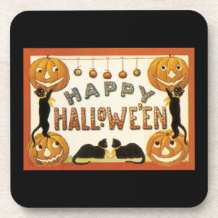 Vintage Halloween, Black Cats with Jackolanterns Drink Coaster