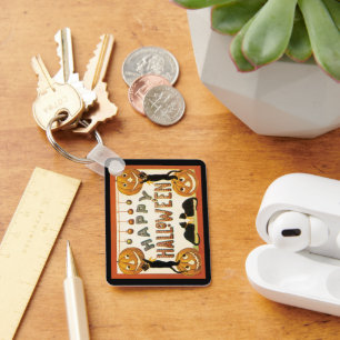 Vintage Halloween, Black Cats with Jackolanterns Keychain