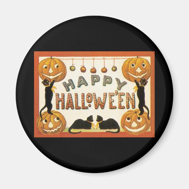 Vintage Halloween, Black Cats with Jackolanterns Magnet (Front)